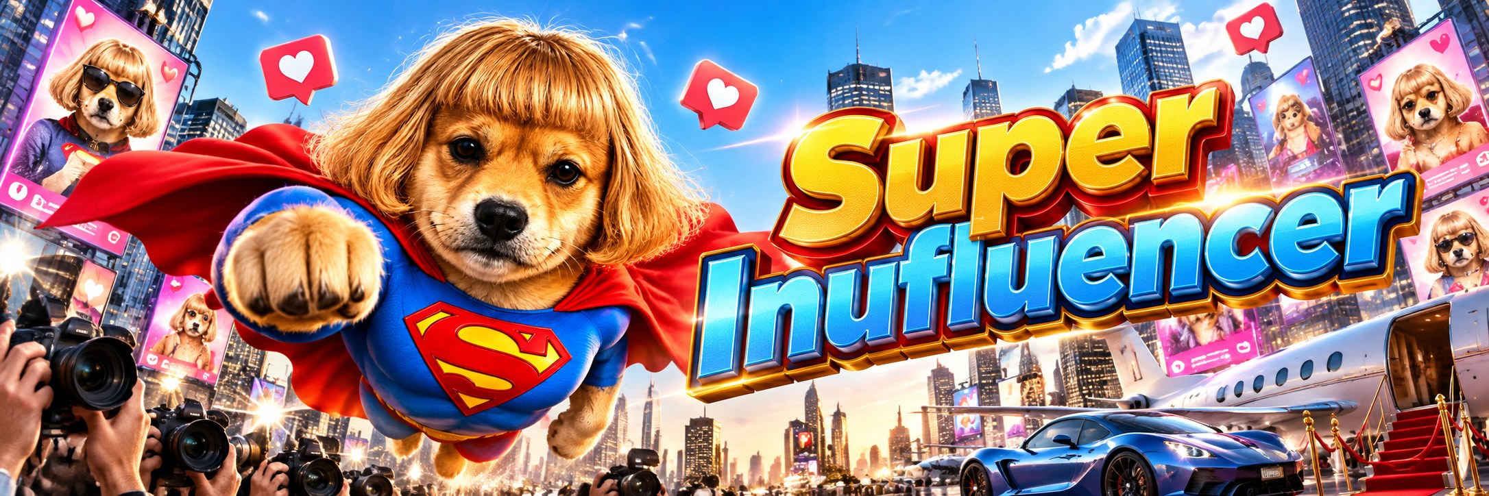 Super Inufluencer: a golden shiba in a blonde bob wig and a blue super-suit with a red cape, flying over a city toward the camera