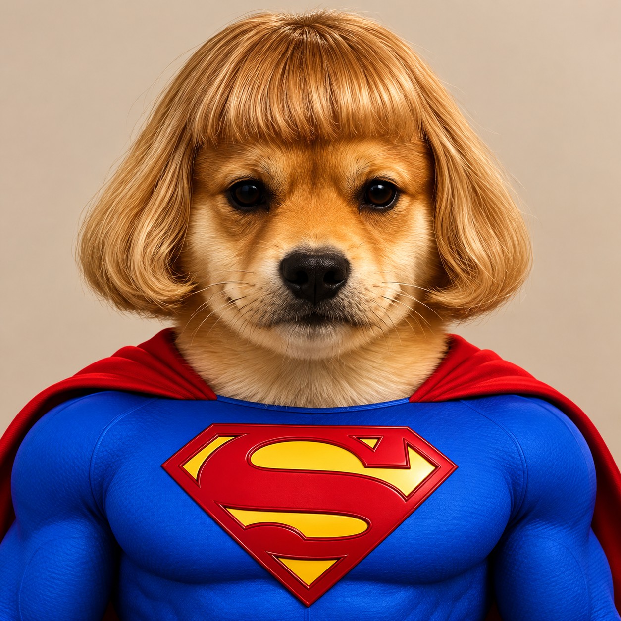 Portrait of Super Inufluencer in the blonde bob wig and super-suit against a studio backdrop